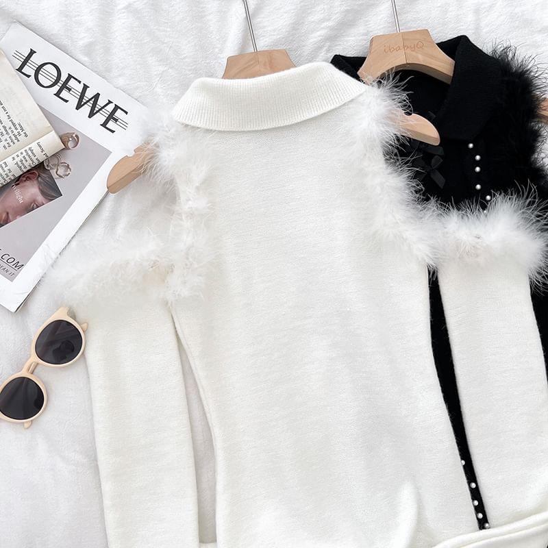 Long-Sleeve Cold Shoulder Fluffy Trim Mini Knit Dress Product Image