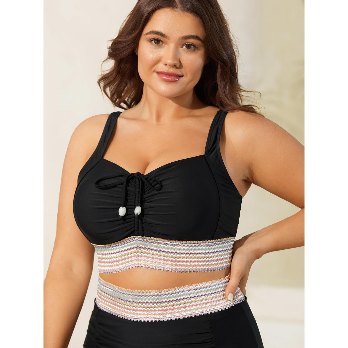 Plus Size Patchwork Ruched Drawstring Swim Top Women's Swimwear Black Beach Patchwork High stretch Skinny Non Curve Swim Tops BloomChic 30/6X Product Image