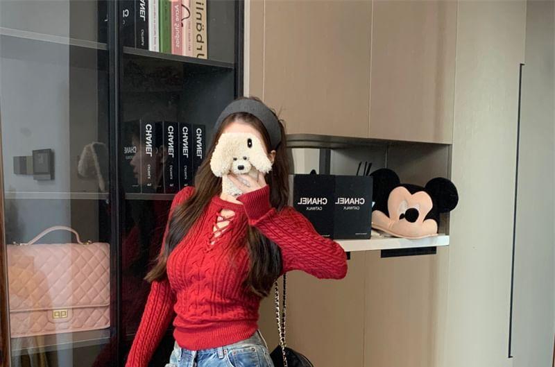 Long-Sleeve Crew Neck Plain Cutout Cable Knit Top Product Image
