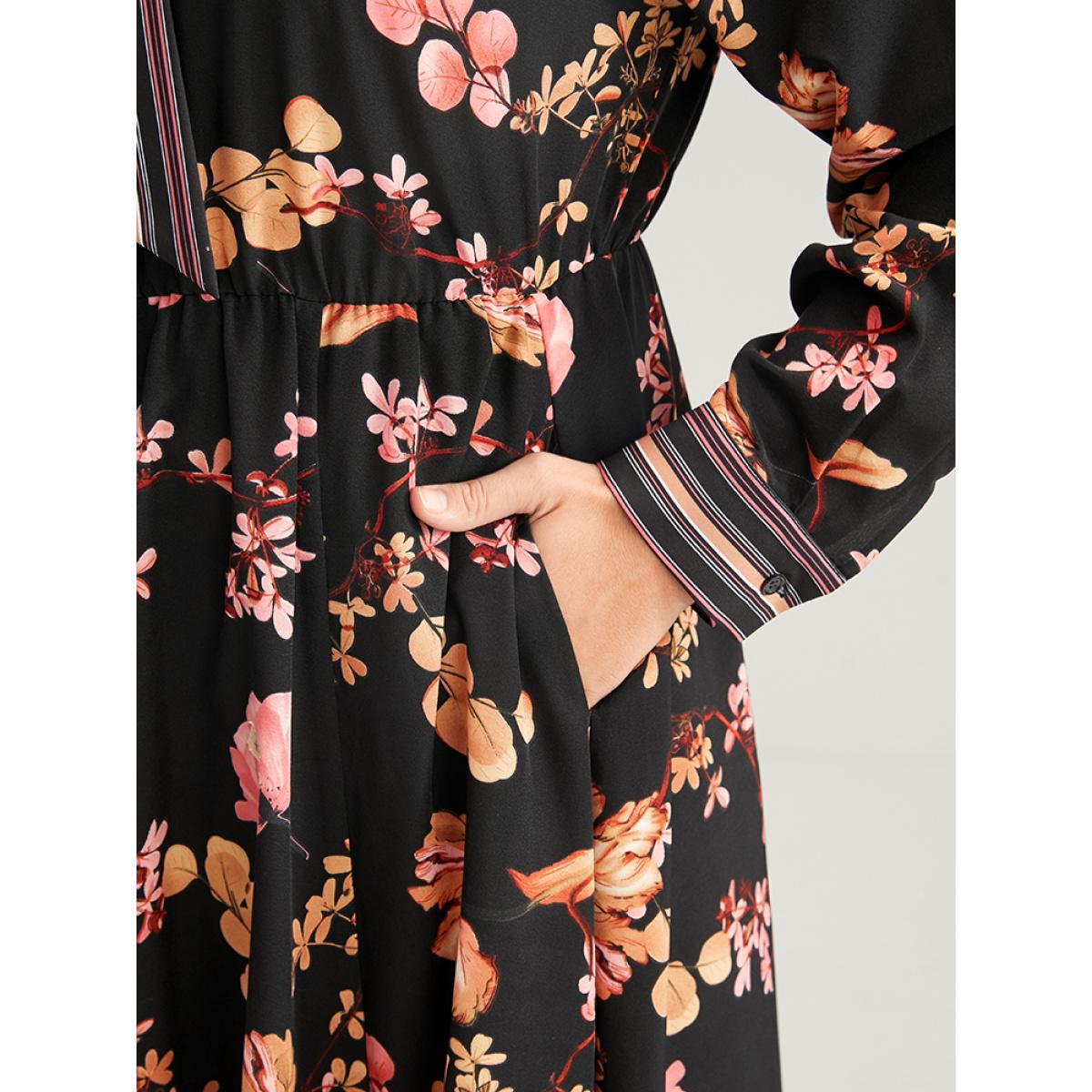Plus Size Floral Keyhole Pocket Knotted Neck Split Dress Black Women Elegant Knotted Tie Neck Long Sleeve Curvy Long Dress BloomChic 28/5X Product Image