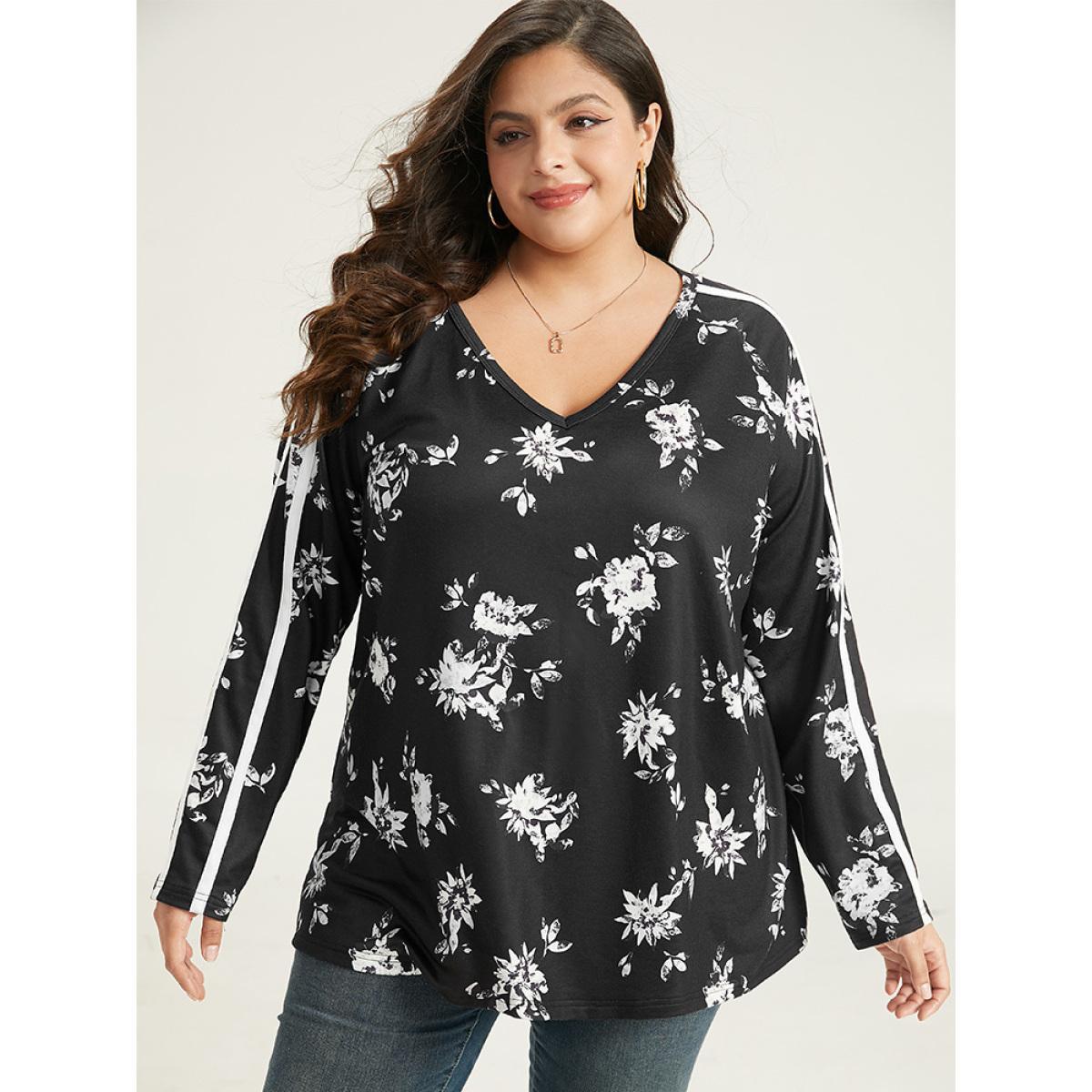 Plus Size Floral Raglan Sleeve Contrast Trim Sweatshirt Women Black Elegant Printed V-neck Everyday Sweatshirts BloomChic 18-20/2X Product Image