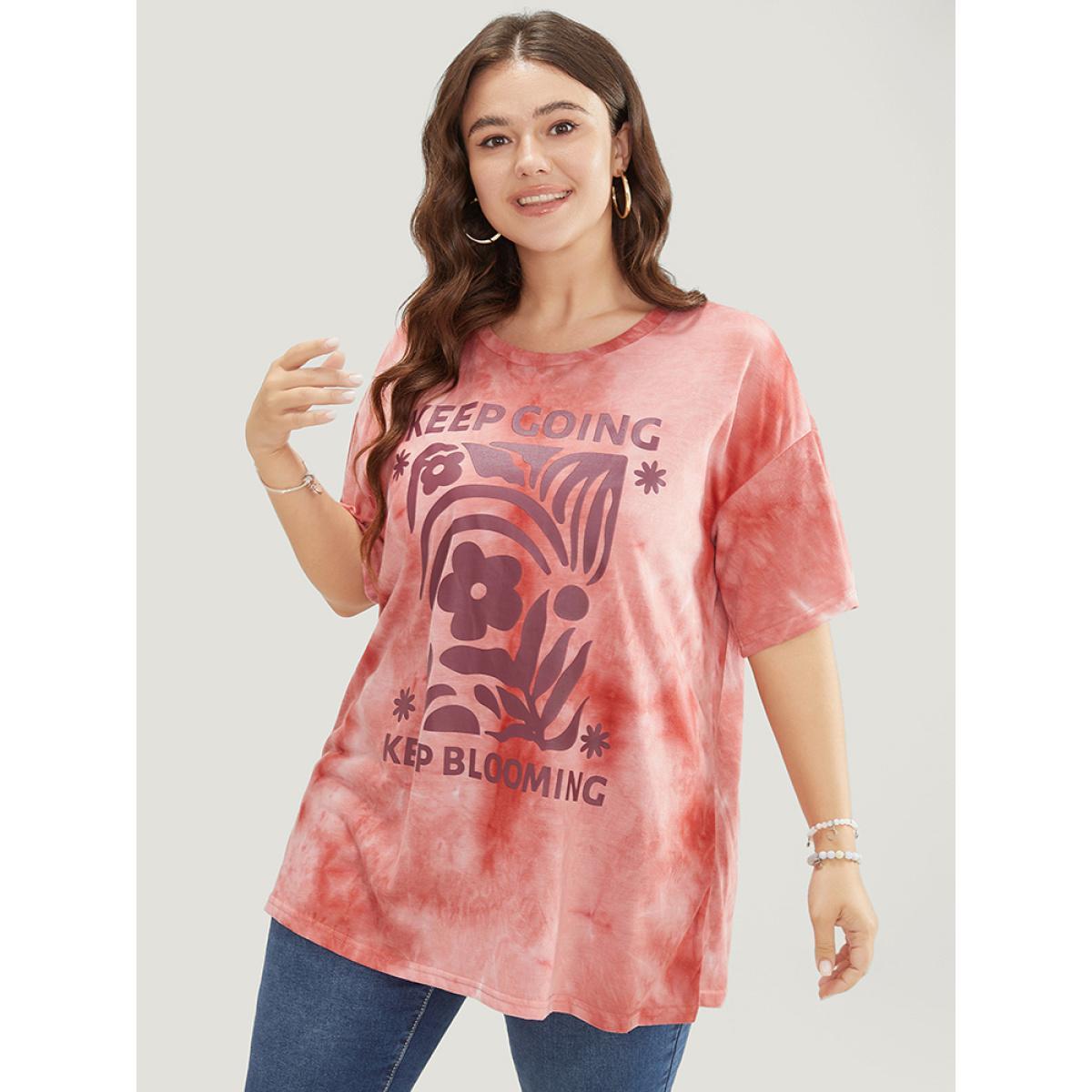 Plus Size Slogan & Floral Crew Neck Short Sleeve Tie Dye T-shirt Coral Women Casual Printed Natural Flowers Dailywear T-shirts BloomChic 12/L Product Image