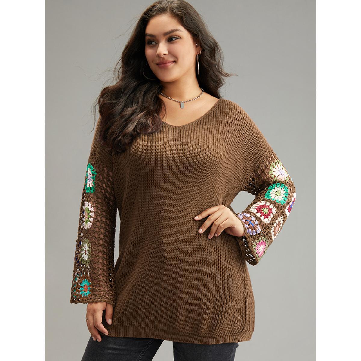 Plus Size Floral Embroidered Hollow Out Pullover DarkBrown Women Casual Long Sleeve V-neck Everyday Pullovers BloomChic 18-20/2X Product Image