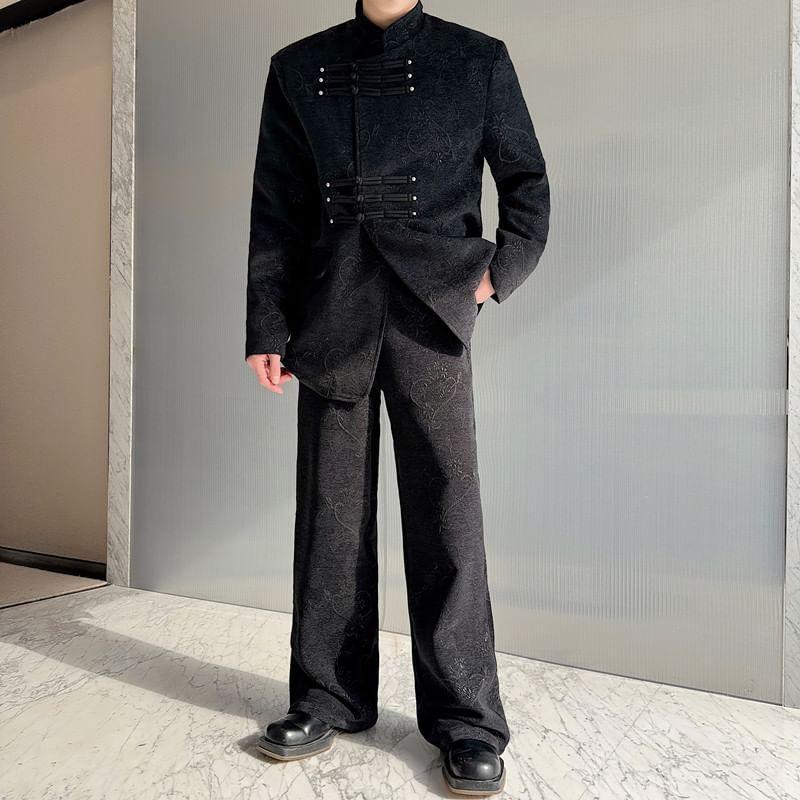 Set: Stand Collar Frog Buttoned Jacket + Straight Leg Dress Pants Product Image