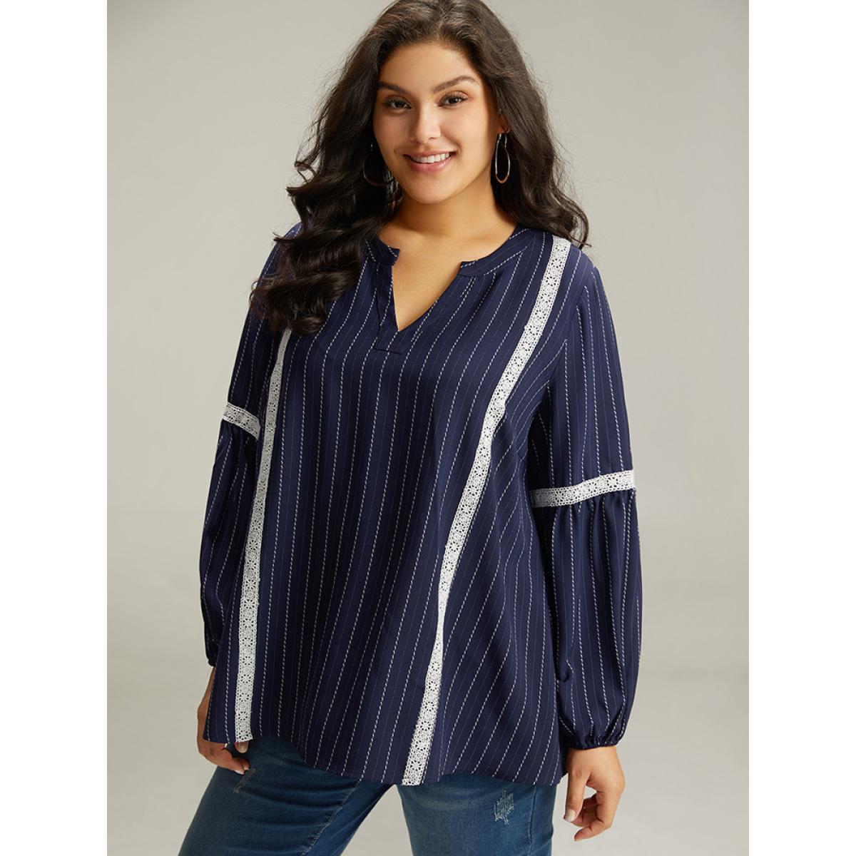 Plus Size Indigo Striped Guipure Lace Notched Lantern Sleeve Blouse Women Office Long Sleeve Notched collar Work Blouses BloomChic 28/5X Product Image
