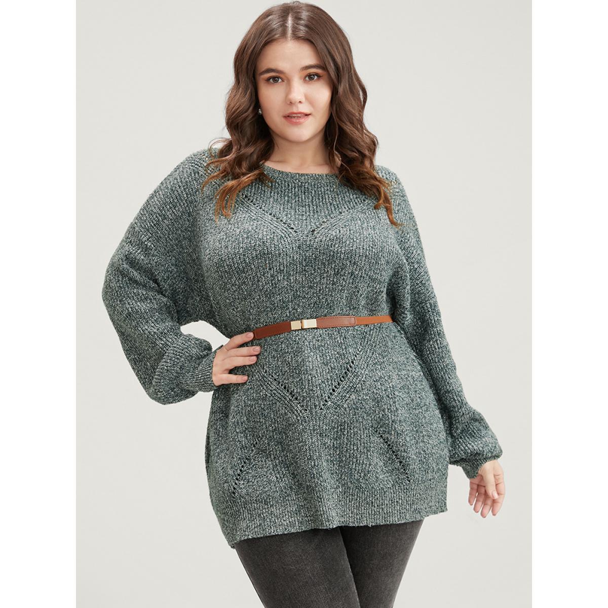 Plus Size Solid Pointelle Knit Round Neck Cut Out Heather Knit Top Cyan Women Casual Loose Long Sleeve Round Neck Dailywear Pullovers BloomChic 26/4X Product Image