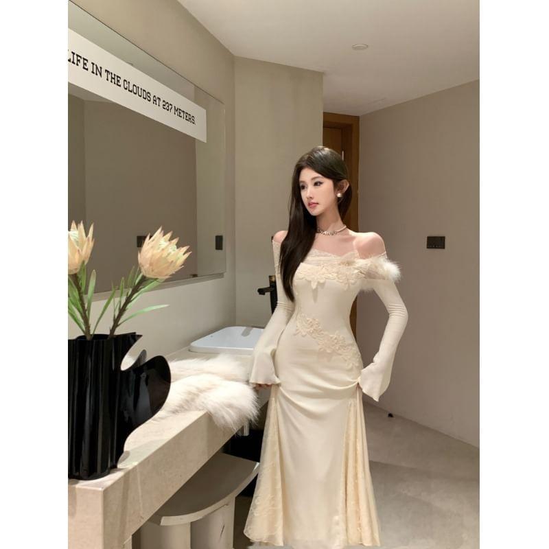 Off-Shoulder Long-Sleeve Lace Trim Midi Mermaid Dress Product Image
