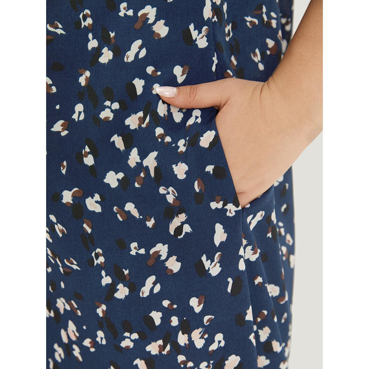 Plus Size Allover Print Pocket Flutter Trim Dress DarkBlue Women Elegant Pocket Round Neck Short sleeve Curvy Knee Dress BloomChic 18-20/2X Product Image