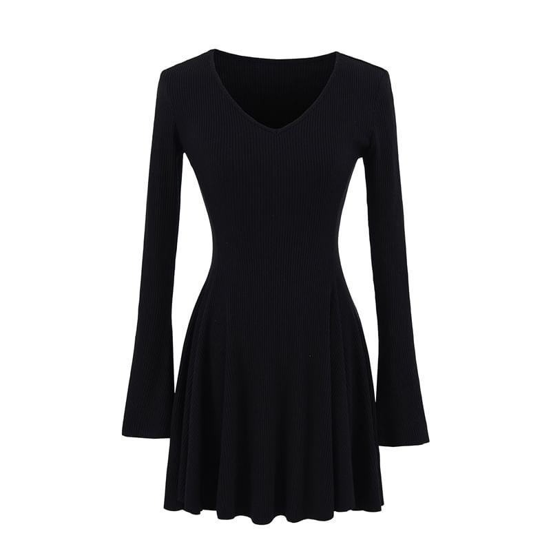 Long Sleeve V-Neck Plain Mini A-Line Dress Product Image