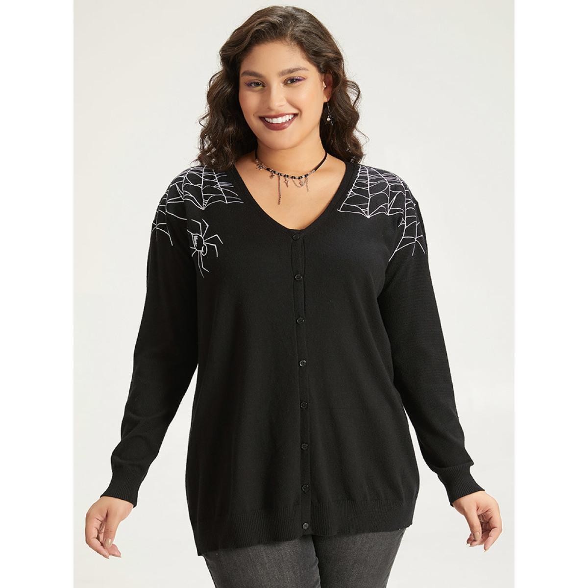 Plus Size Supersoft Essentials Halloween Spider Web Button Through Cardigan Black Women Casual Loose Long Sleeve Dailywear Cardigans BloomChic 26/4X Product Image