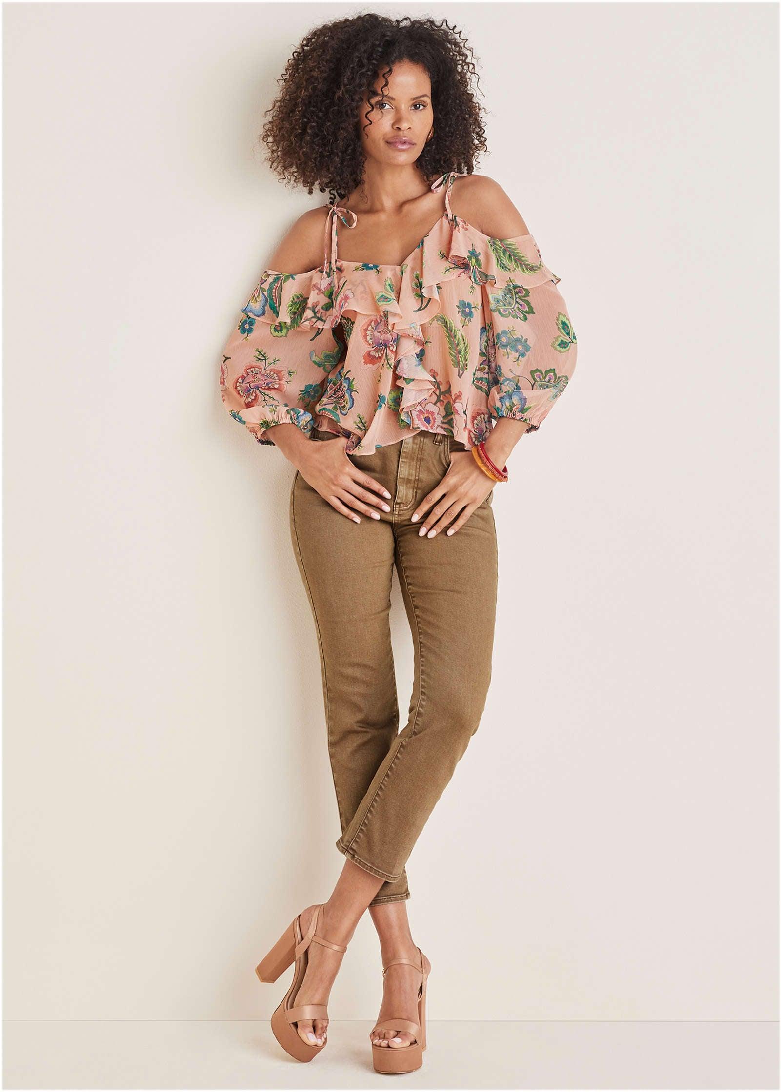 Chiffon Cold Shoulder Top - Allover Needlework Floral Product Image