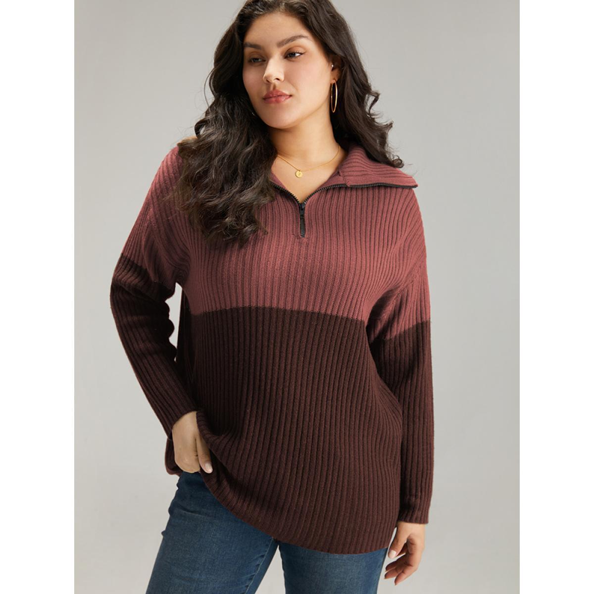Plus Size Colorblock Contrast Half Zip Lapel Collar Pullover Rust Women Casual Loose Long Sleeve Lapel Collar Dailywear Pullovers BloomChic 12/L Product Image