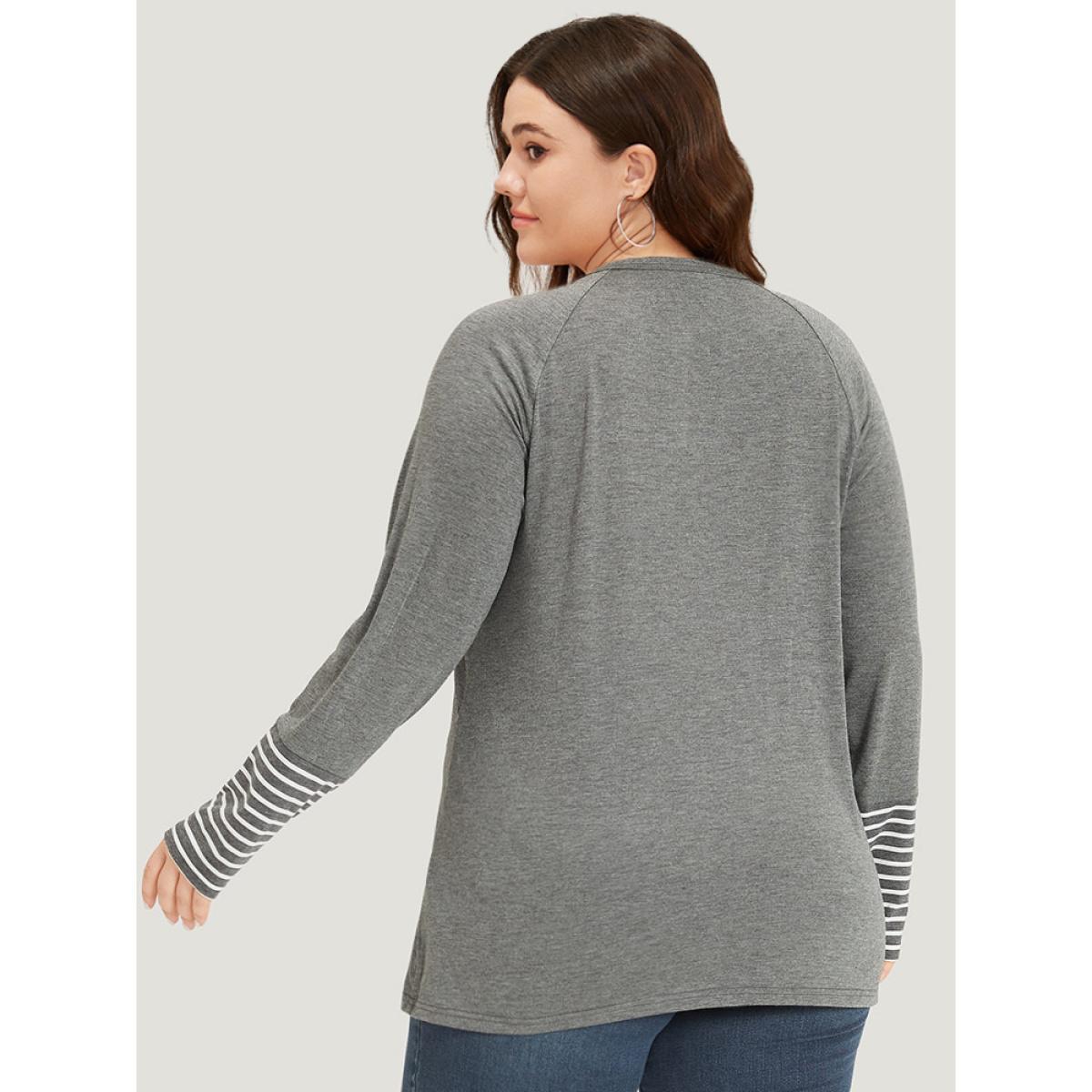 Plus Size Striped Patchwork Button Up Round Neck T-shirt DimGray Women Casual Contrast Striped Round Neck Dailywear T-shirts BloomChic 10/M Product Image