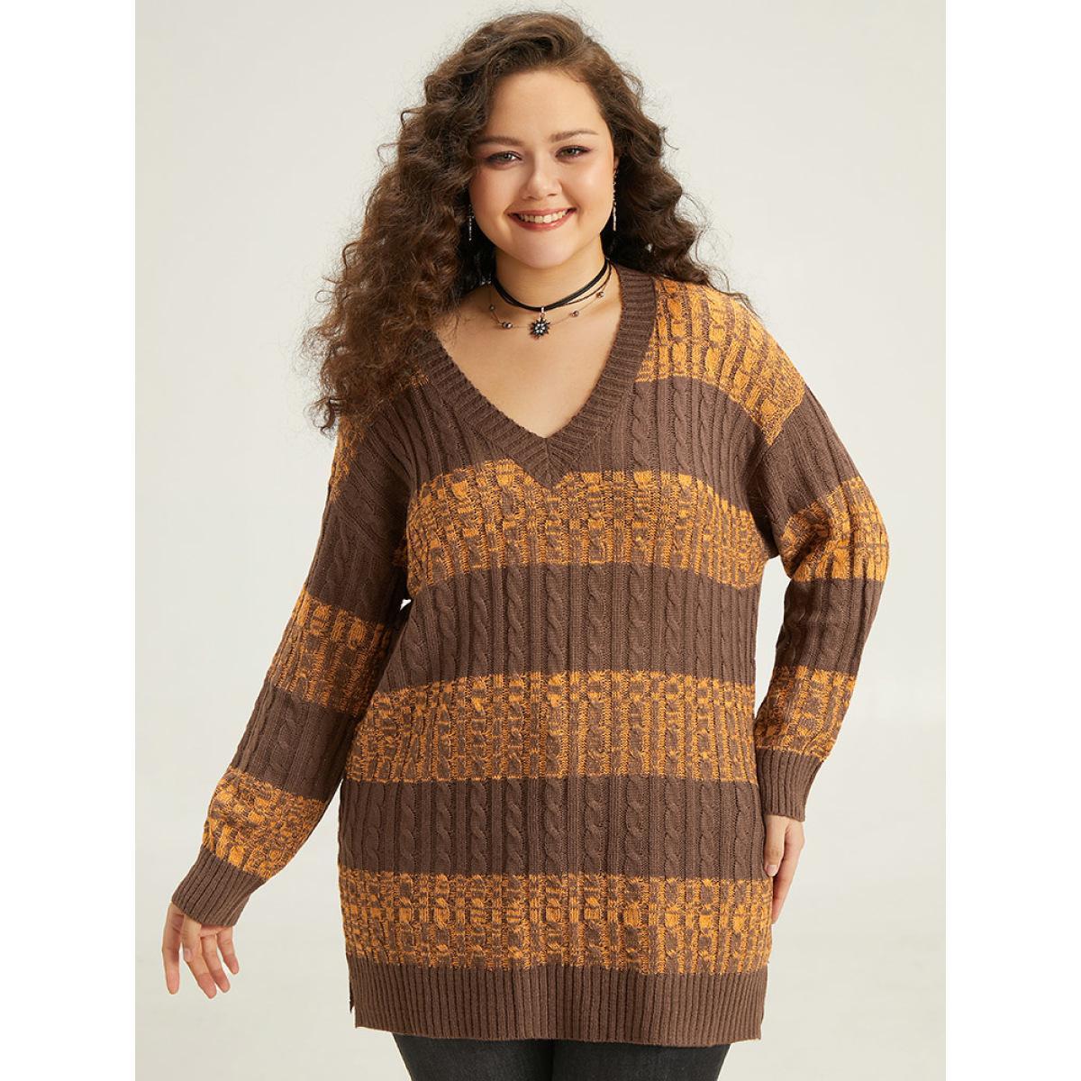 Plus Size Halloween Colorblock Plisse Split Side Pullover Bronze Women Casual Loose Long Sleeve V-neck Festival-Halloween Pullovers BloomChic 26/4X Product Image
