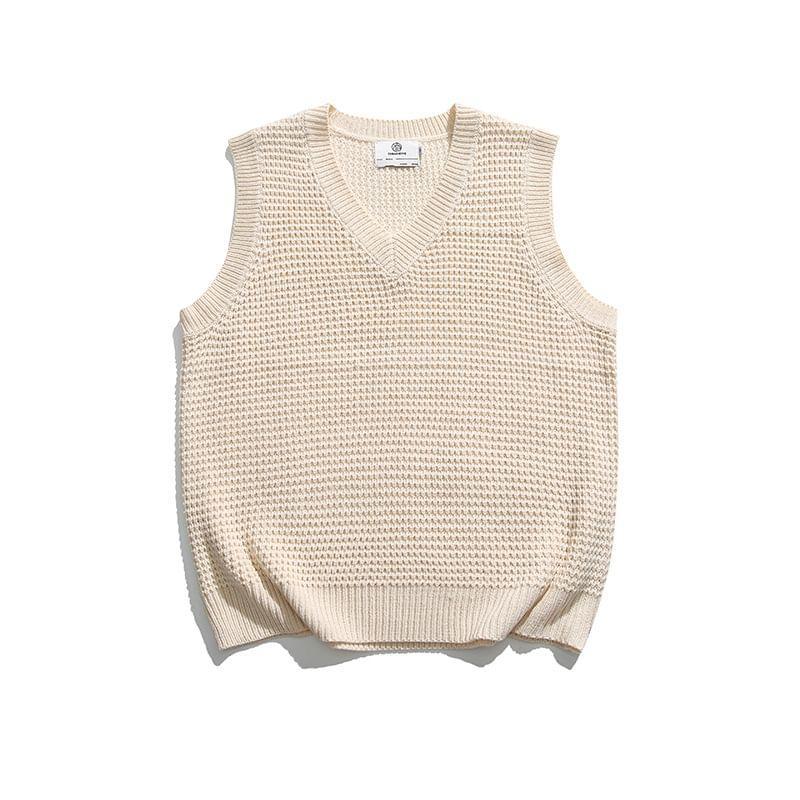 V-Neck Plain Knit Sweater Vest Product Image