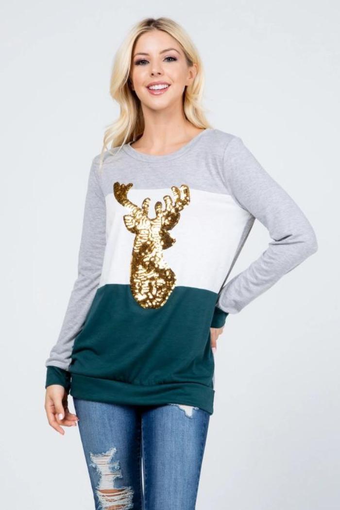 Christmas Reindeer Sequin Long Sleeve Top Product Image