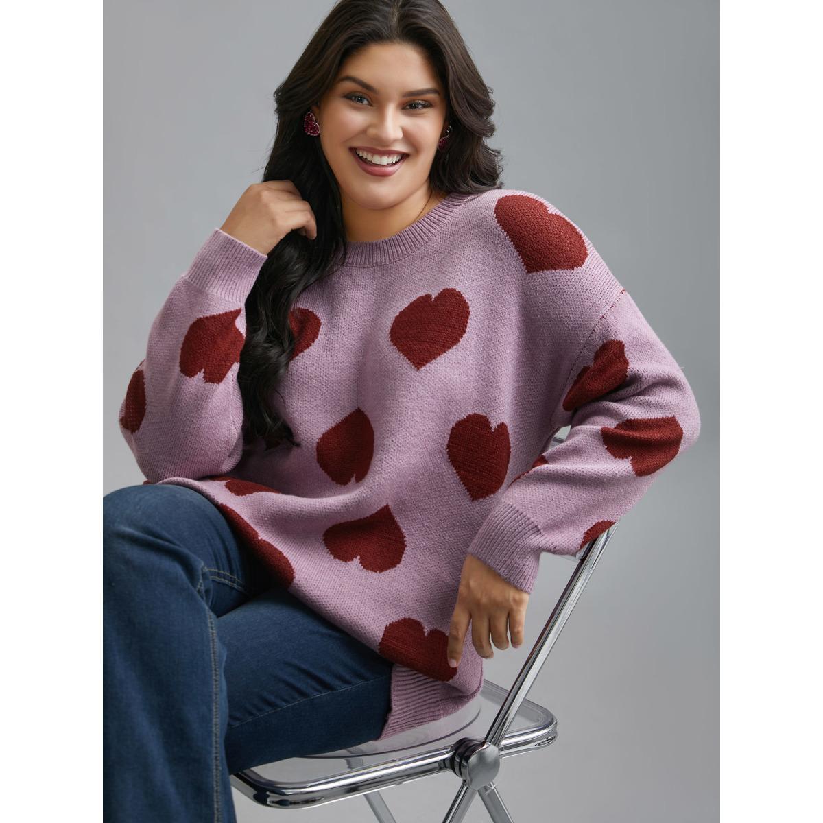 Plus Size Round Neck Contrast Heart Jacquard Pullover Lilac Women Casual Loose Long Sleeve Round Neck Everyday Pullovers BloomChic 14-16/1X Product Image