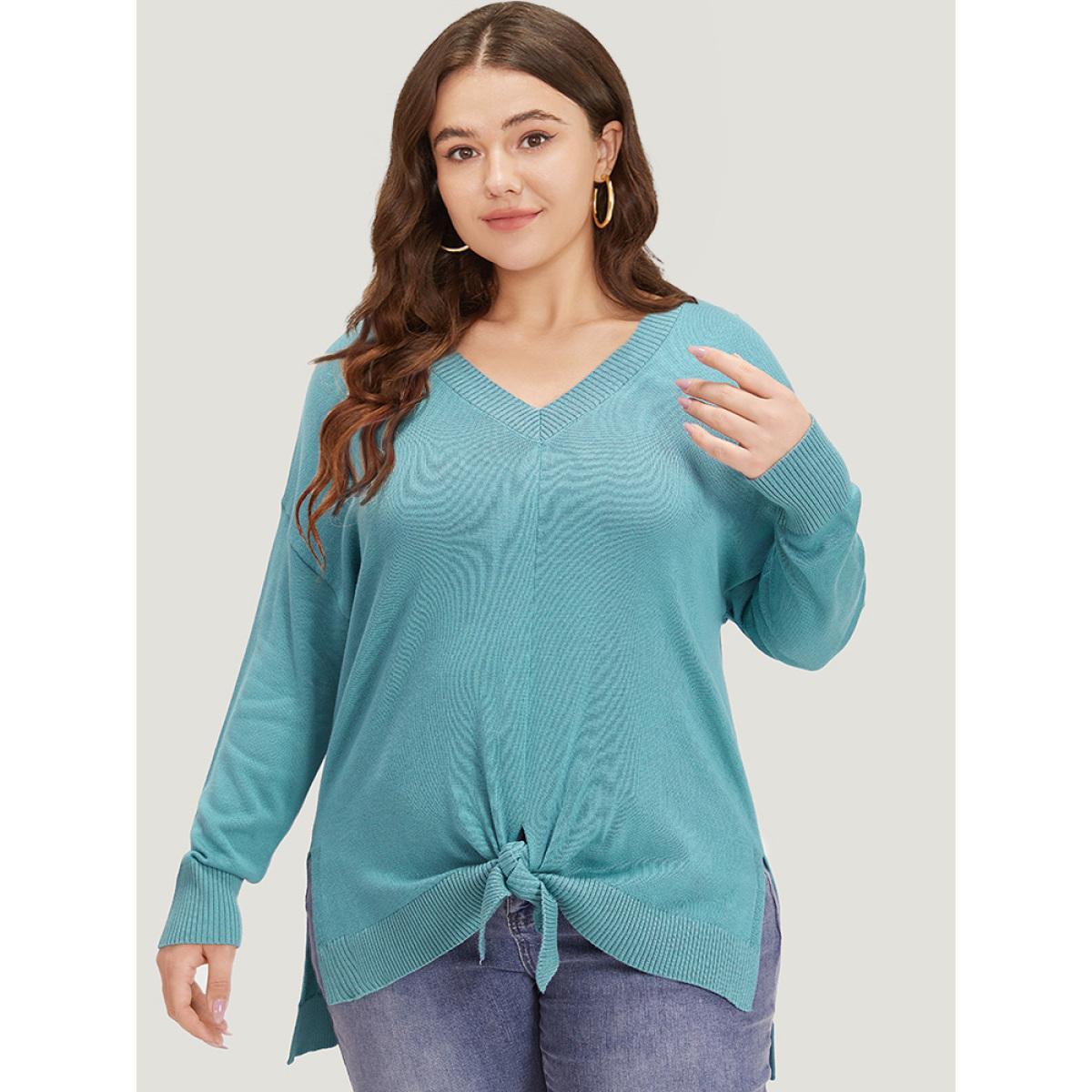 Plus Size Supersoft Essentials Bowknot Front Split Side Pullover Cerulean Women Casual Loose Long Sleeve V-neck Dailywear Pullovers BloomChic 28/5X Product Image