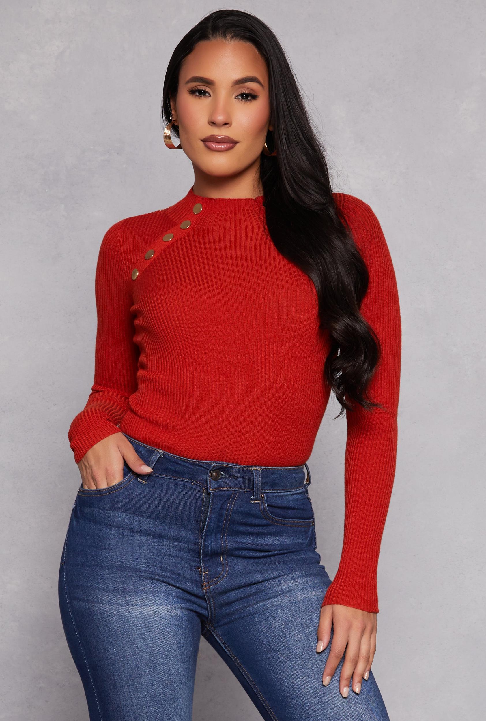 Womens Button Detail Mock Neck Top Product Image