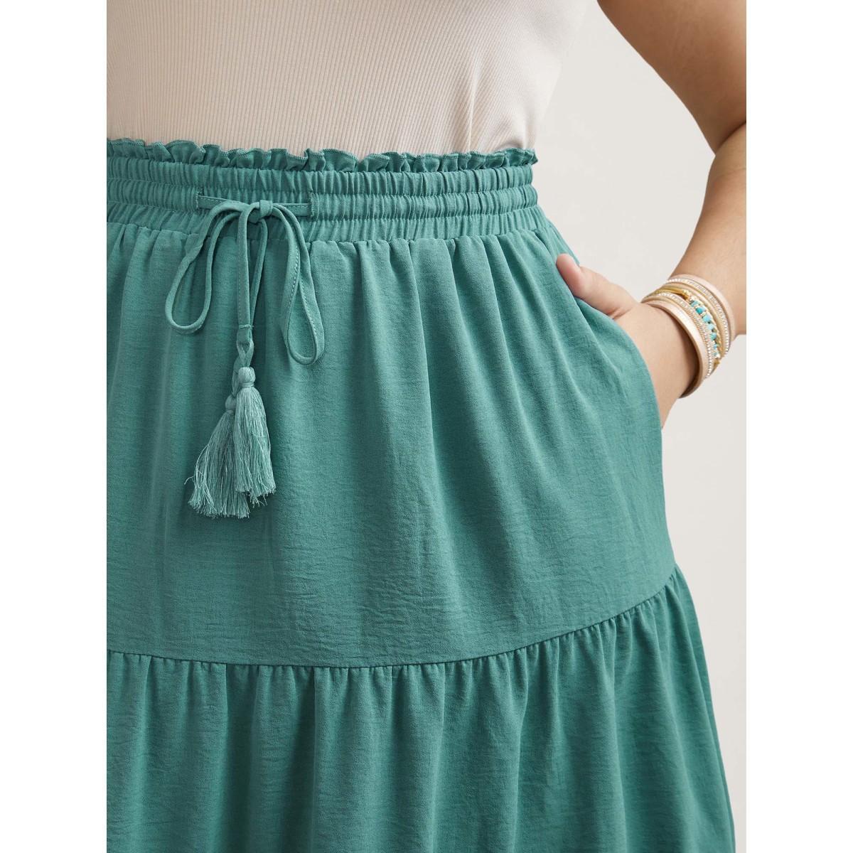 Plus Size Smocked Waist Lace Tiered Midi Skirt Women Turquoise Resort Gathered No stretch Side seam pocket Vacation Skirts BloomChic 30/6X Product Image