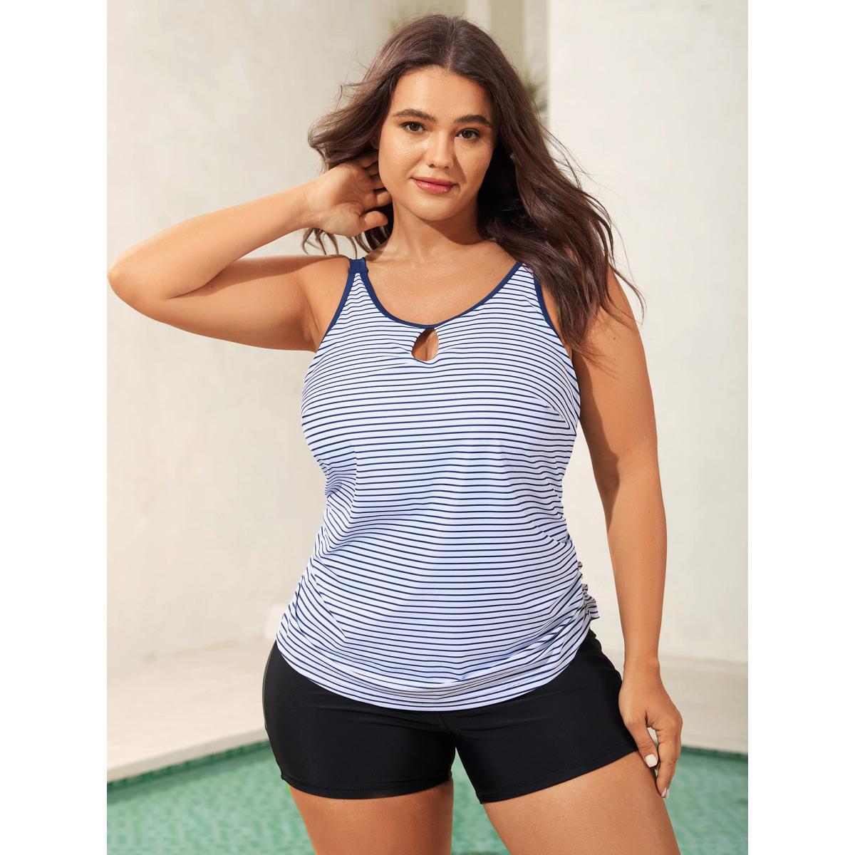 Plus Size Striped Neck Cut-Out Swim Top Women's Swimwear Indigo Beach Cut-Out High stretch Bodycon U-neck Curve Swim Tops BloomChic 14-16/1X Product Image
