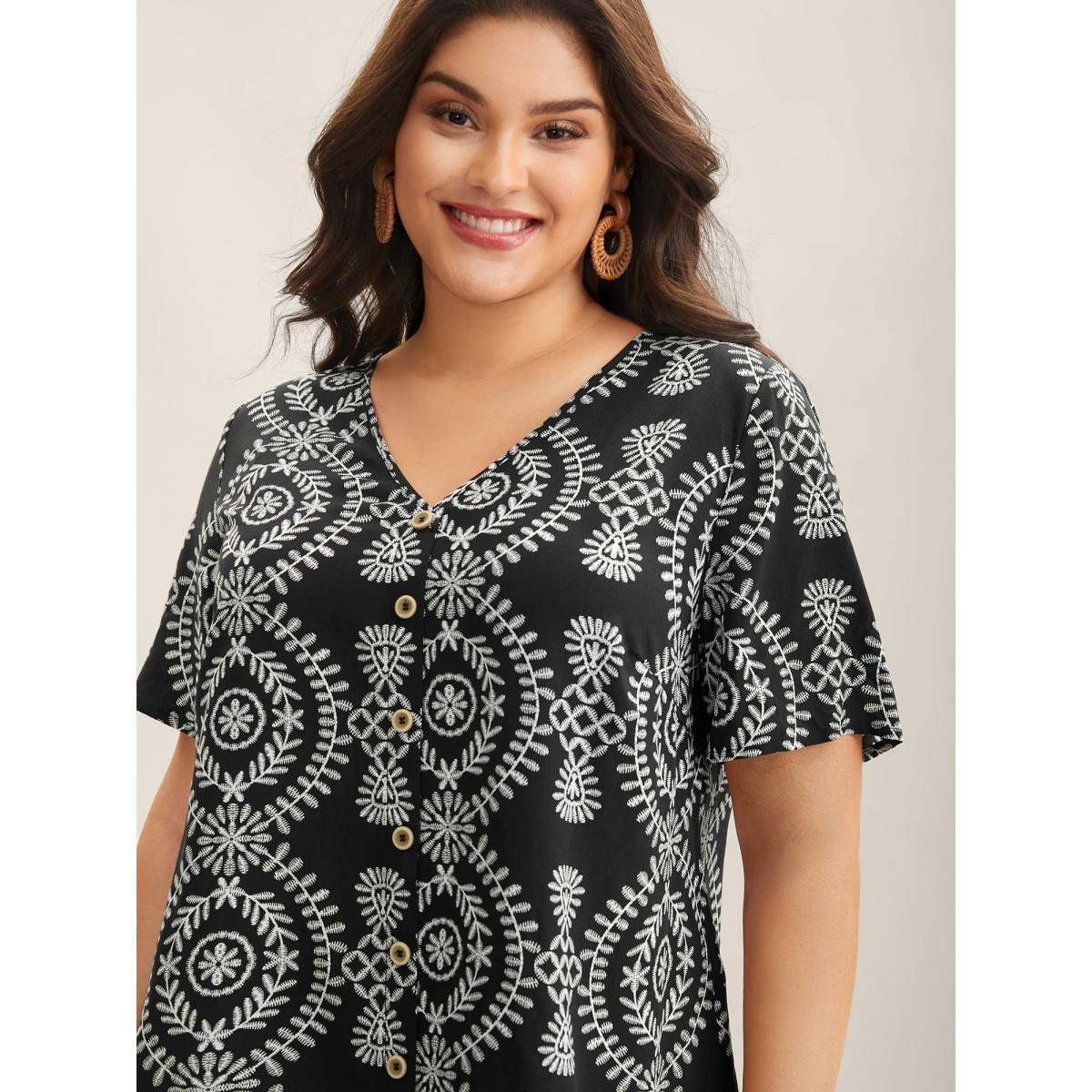 Plus Size Black Boho Print Button Placket Blouse Women Short sleeve V-neck Vacation Blouses BloomChic 30/6X Product Image