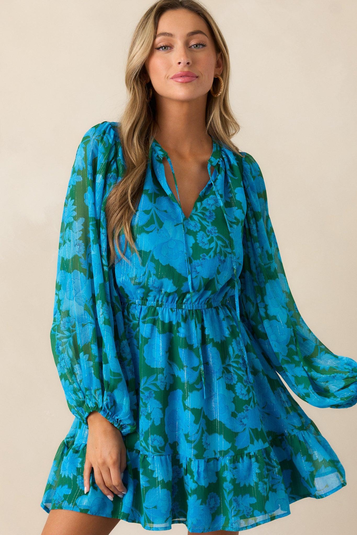 Soul On Fire Blue Floral Long Sleeve Mini Dress Product Image