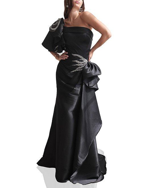 Terani Couture Mikado One Shoulder Ruffle Sleeve Sequin Applique Gathered Side Slit Gown Product Image