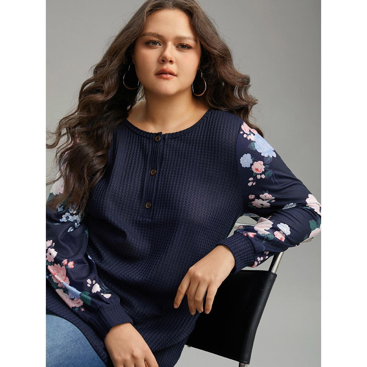 Plus Size Waffle Knit Floral Patchwork Button Up T-shirt Blue Women Casual Printed Floral Open Front Loose Dailywear T-shirts BloomChic 10/M Product Image