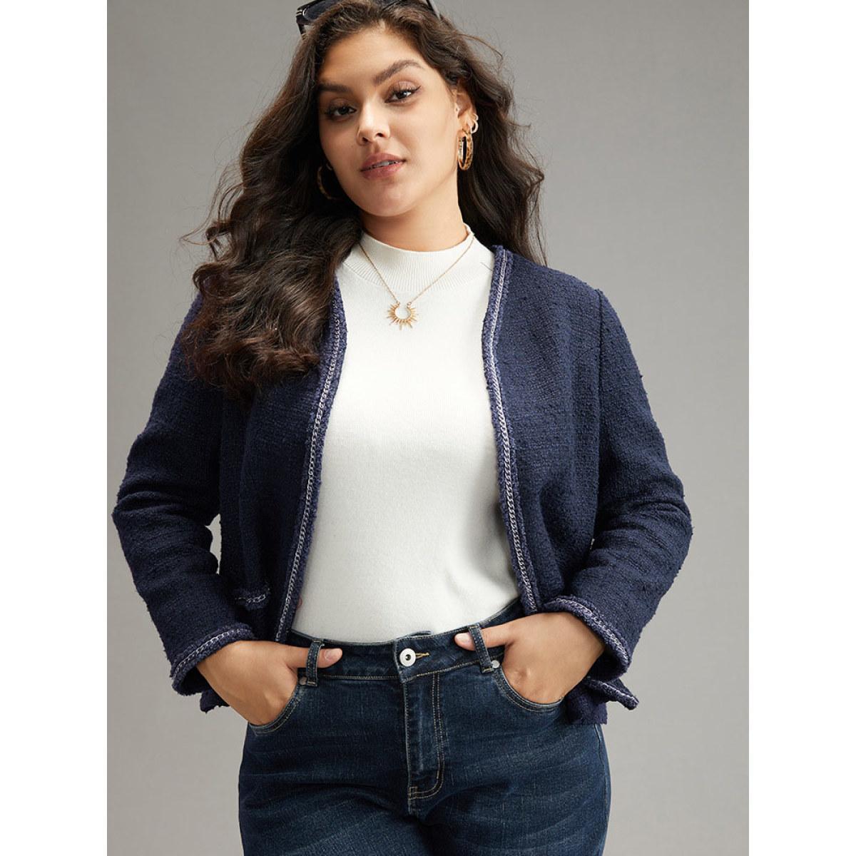 Plus Size Solid Open Front Patchwork Stitch Blazer Women Indigo Elegant Contrast Ladies Everyday Winter Coats BloomChic 30/6X Product Image