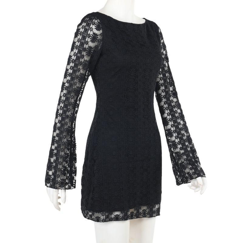 Long Sleeve Boat Neck Floral Lace Mini Bodycon Dress Product Image