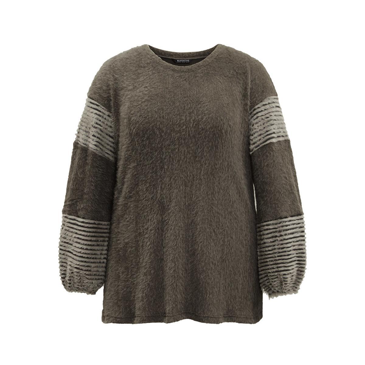 Plus Size Striped Patchwork Lantern Sleeve Fluffy Sweatshirt Women DarkBrown Casual Loose Round Neck Dailywear Sweatshirts BloomChic 18-20/2X Product Image