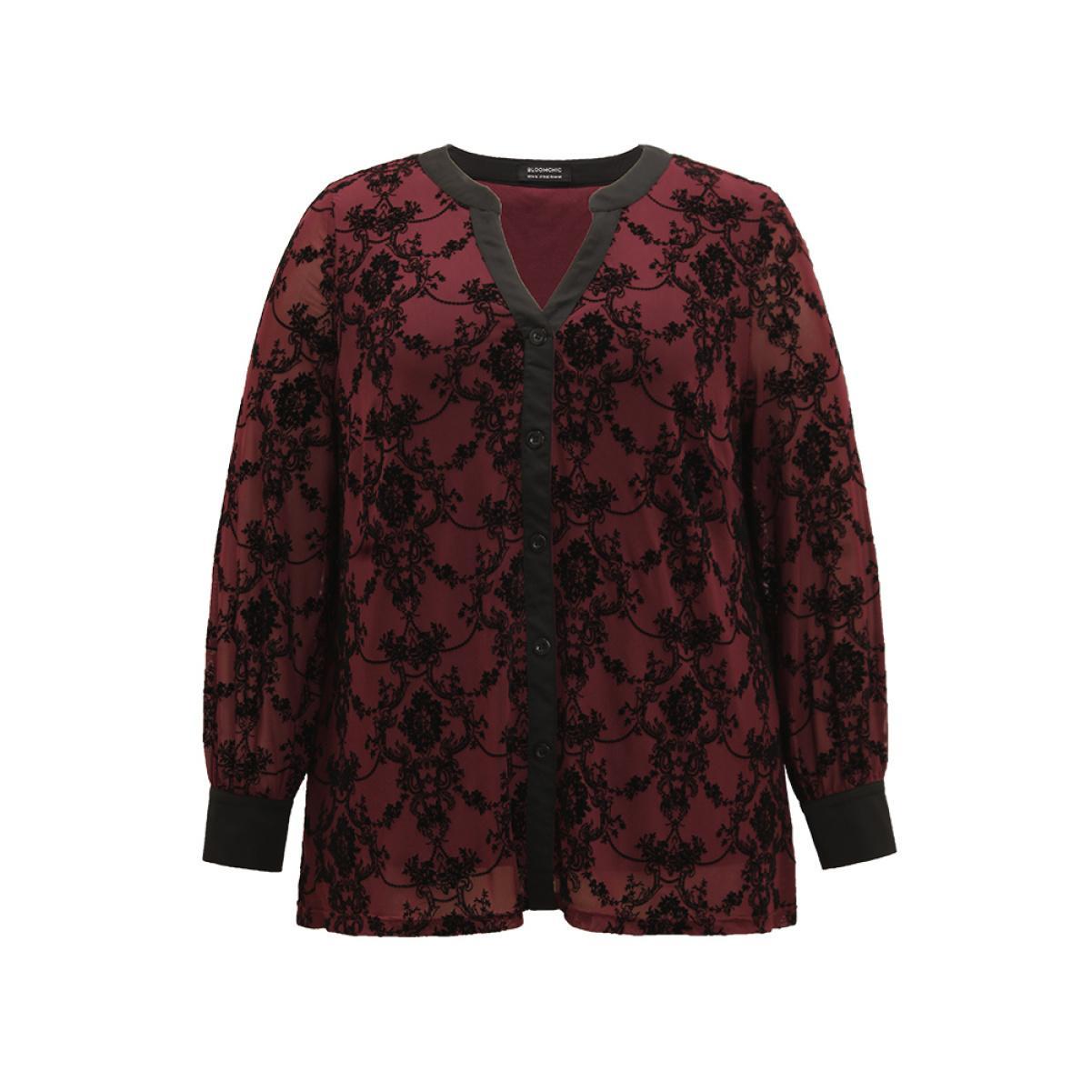 Plus Size Black Floral Print Mesh V Neck Blouse Women Elegant Long Sleeve V-neck Dailywear Blouses BloomChic 10/M Product Image