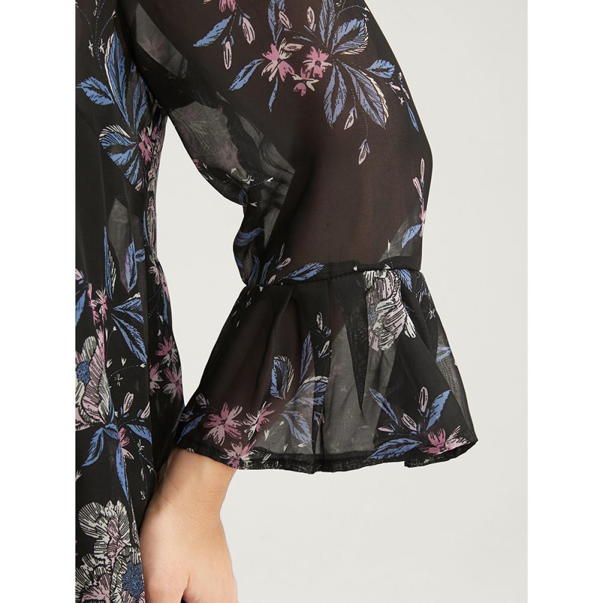 Plus Size Midnight Floral Print Bell Sleeve Mesh V Neck Blouse Women Elegant Elbow-length sleeve V-neck Dailywear Blouses BloomChic 14-16/1X Product Image