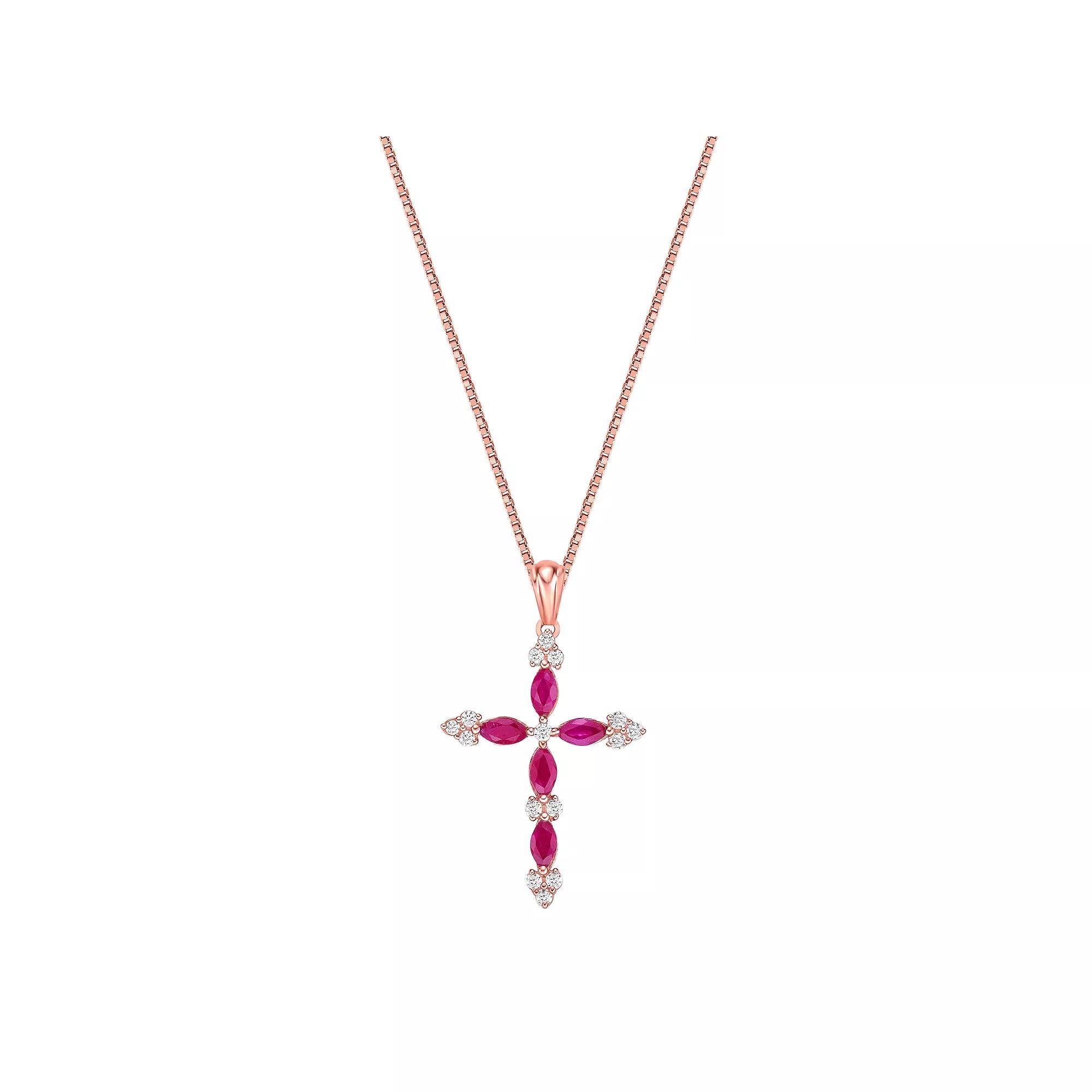 Gemminded 10k Gold Gemstone & 1/6 Carat T.W. Diamond Cross Pendant Necklace, Women's, Size: 18", Ruby 10k Rose Gold Product Image