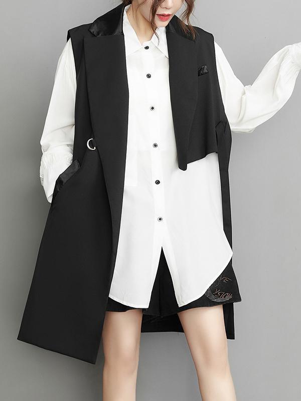 Sleeveless Asymmetric Pockets Tied Notched Collar Vest Outerwear Product Image