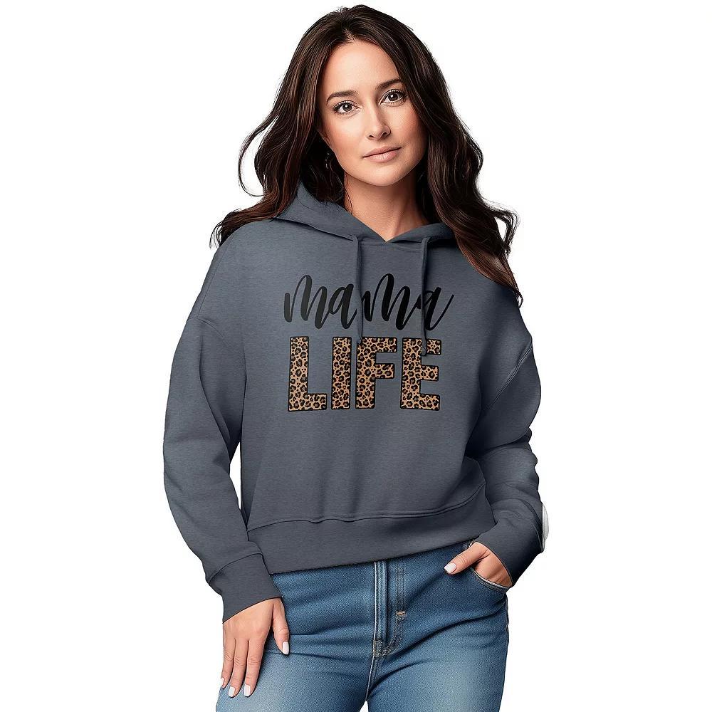 Womens Mama Life Leopard Graphic Cropped Hoodie Grey Blue Product Image