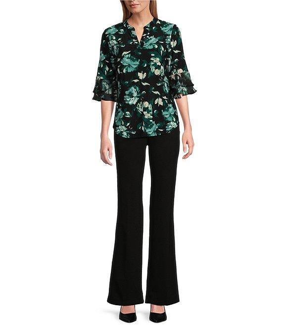 Kasper Petite Size Floral Print Split V-Neck 3/4 Flutter Sleeve Tunic Product Image