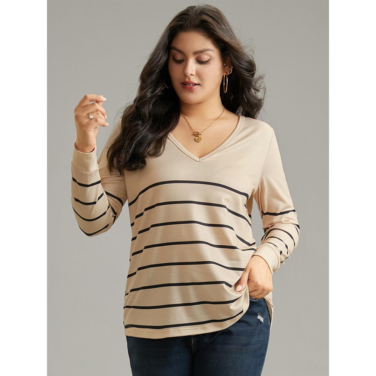 Plus Size Striped Print V Neck T-Shirt Tan Women Casual Printed Striped V-neck Dailywear T-shirts BloomChic 18-20/2X Product Image