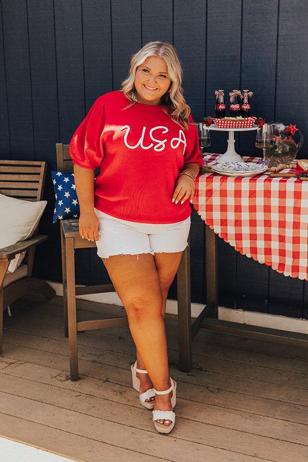 USA Knit Sweater Top in Red Curves Product Image
