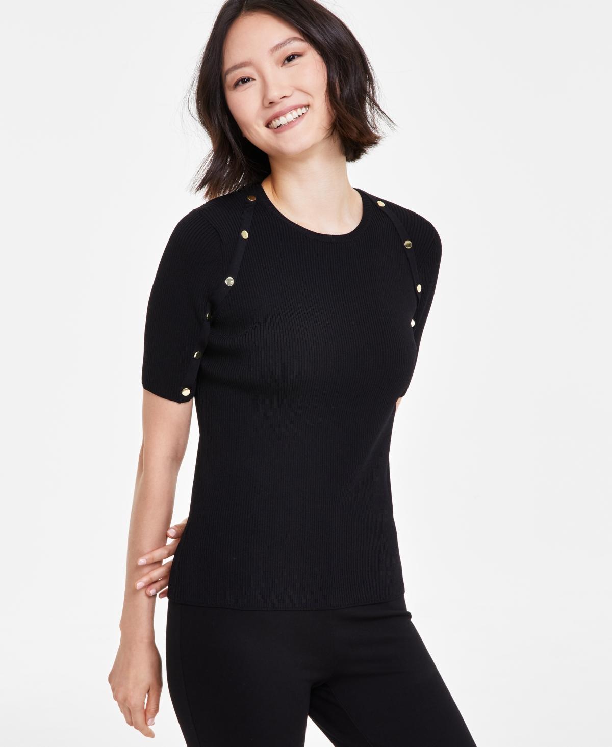 Anne Klein Womens Button-Trim Ribbed Short-Sleeve Top Product Image