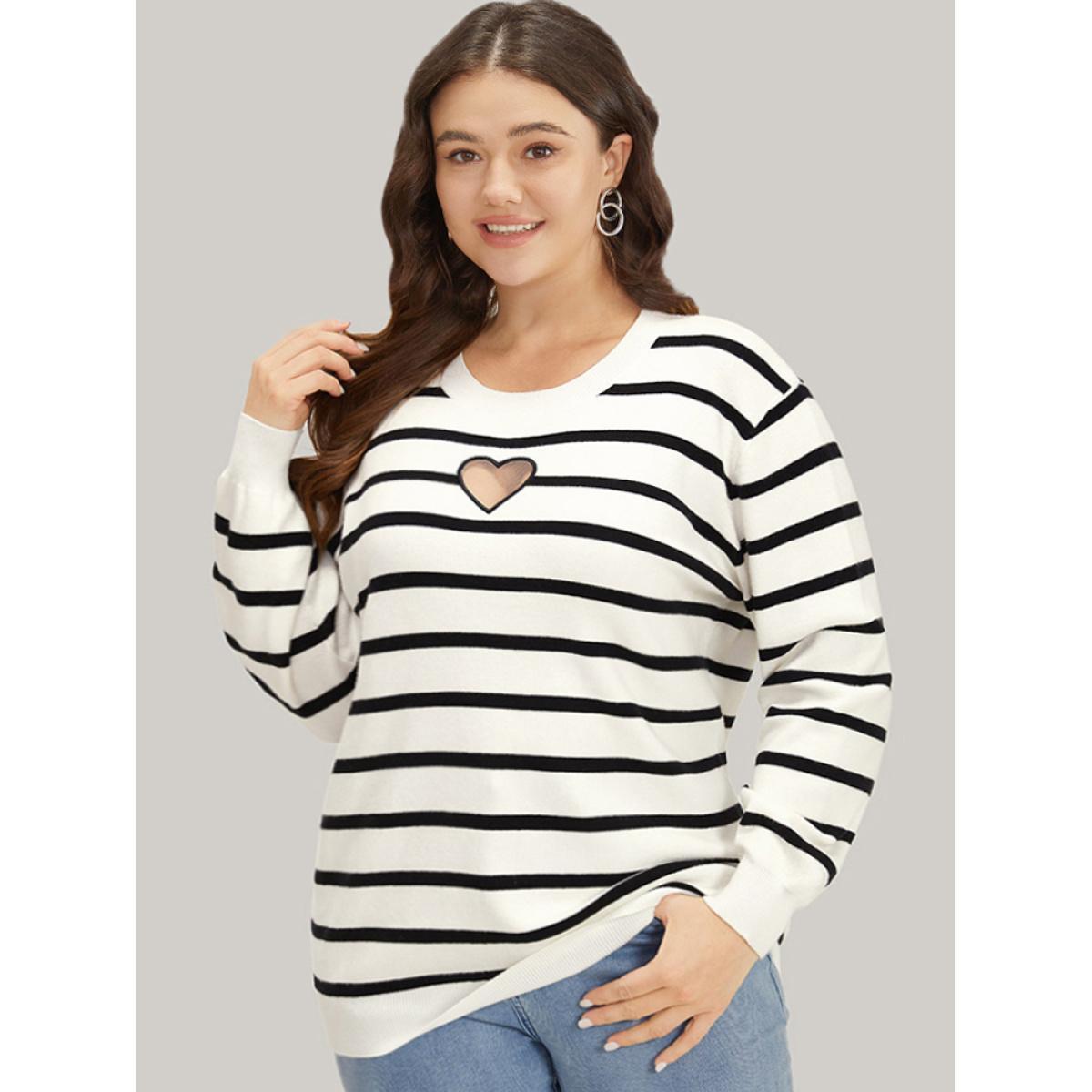 Plus Size Supersoft Essentials Striped Heart Keyhole Mesh Pullover Ivory Women Casual Loose Long Sleeve Round Neck Dailywear Pullovers BloomChic 12/L Product Image
