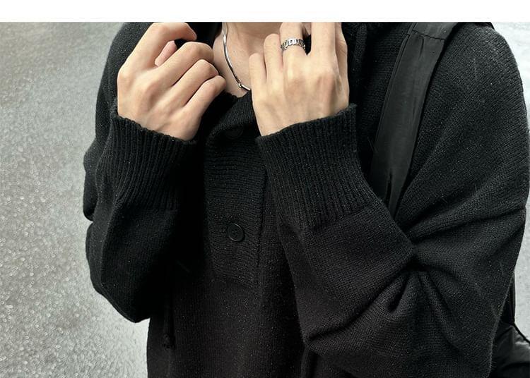 Half Buttoned Plain Knit Hoodie Product Image