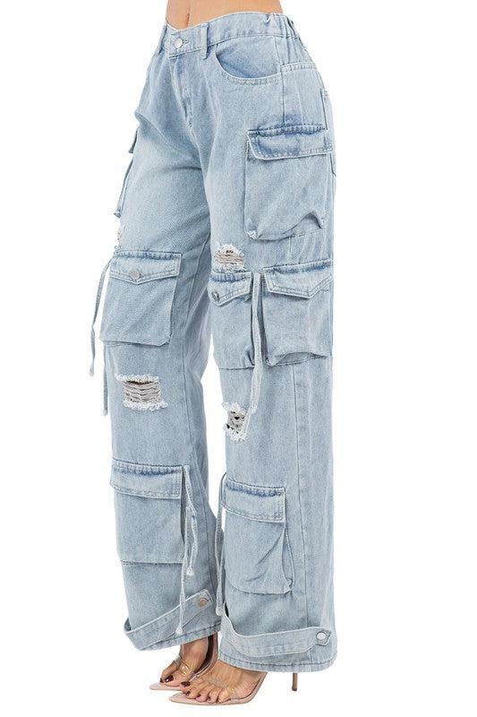 WOMEN CARGO STYLE DENIM PANTS Product Image