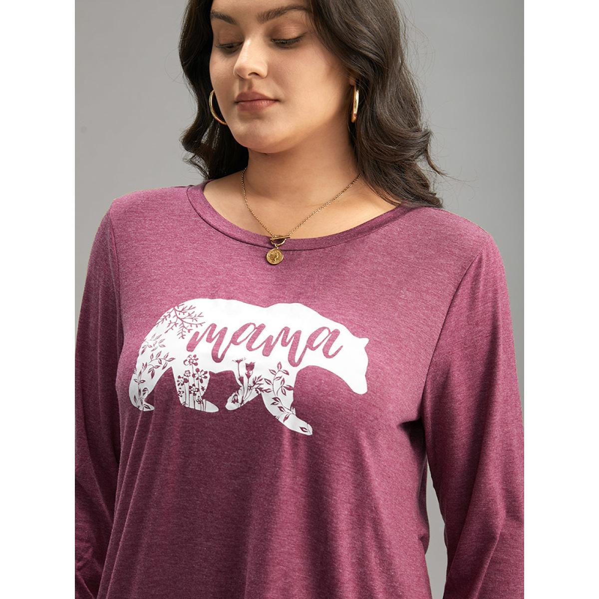 Plus Size Animal & Letter Print Round Neck T-shirt Burgundy Women Casual Printed Occupation Dailywear T-shirts BloomChic 18-20/2X Product Image