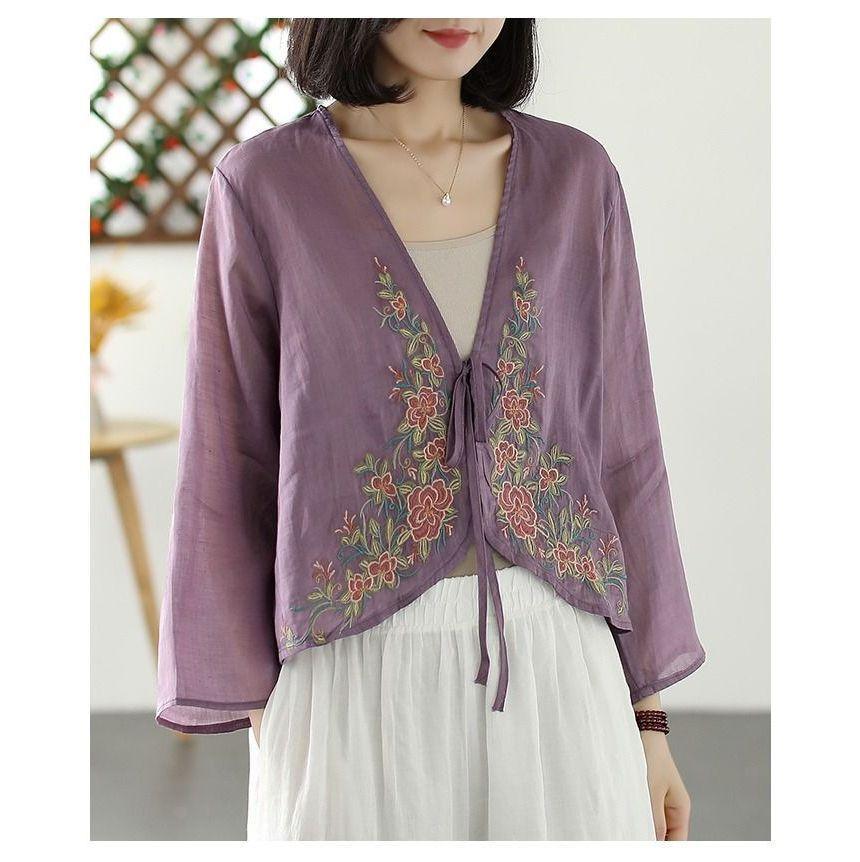 V-Neck Flower Embroidered Blouse Product Image