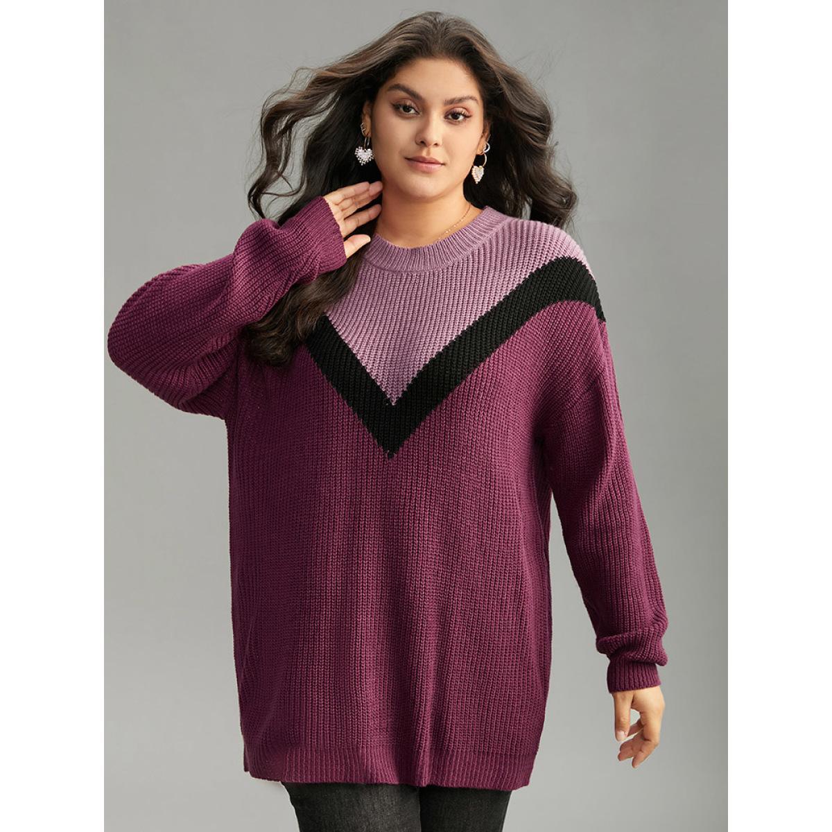 Plus Size Colorblock Contrast Drop Shoulder Loose Pullover Multicolor Women Casual Loose Long Sleeve Round Neck Dailywear Pullovers BloomChic 26/4X Product Image