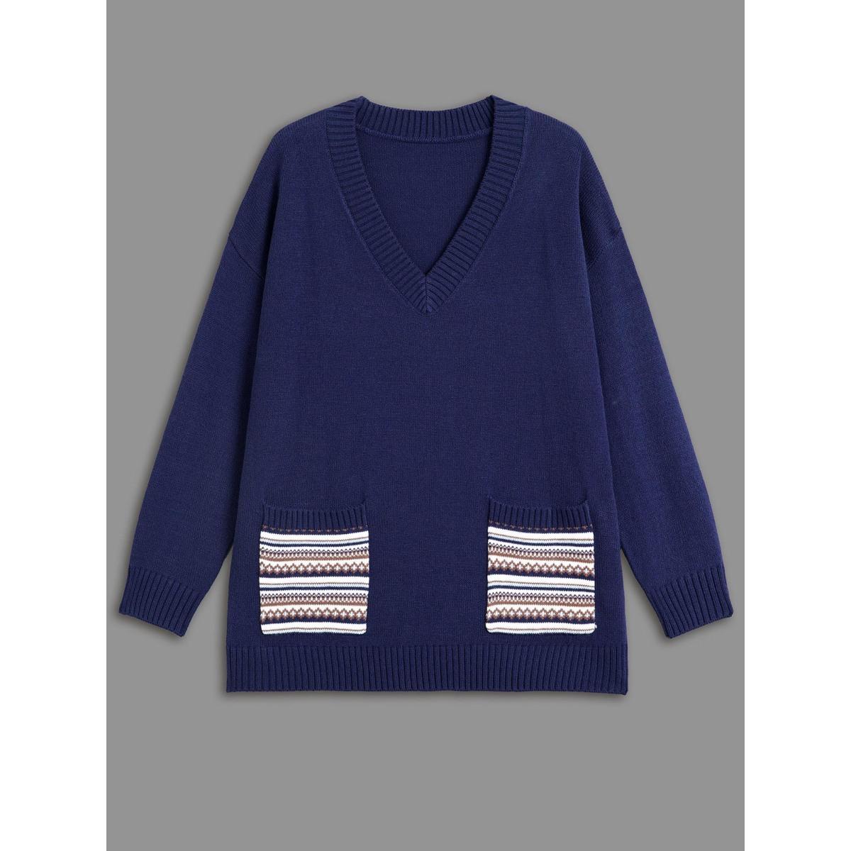 Plus Size Striped Jacquard Patched Pocket Pullover Indigo Women Casual Loose Long Sleeve V-neck Everyday Pullovers BloomChic 10/M Product Image