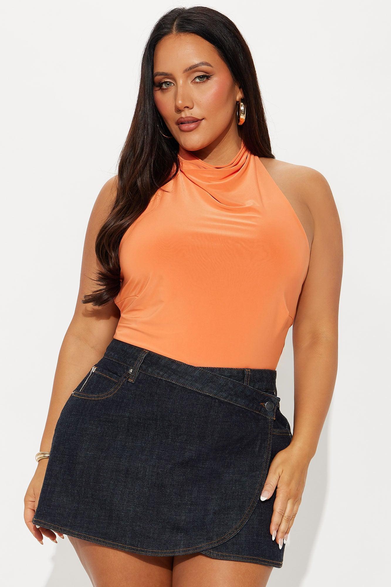Trista Mock Neck Halter Bodysuit - Orange Product Image