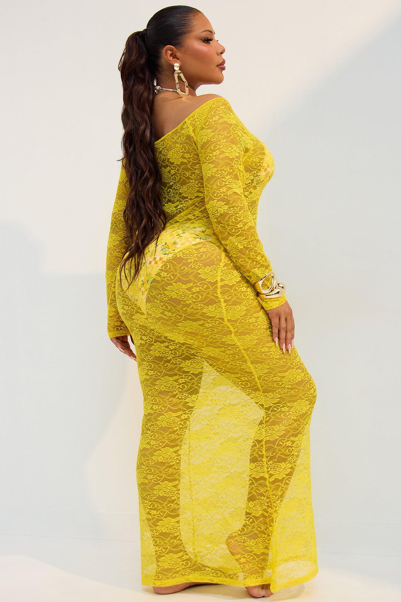 Cali Off Shoulder Sheer Lace Cover Up Maxi Dress - Yellow Product Image